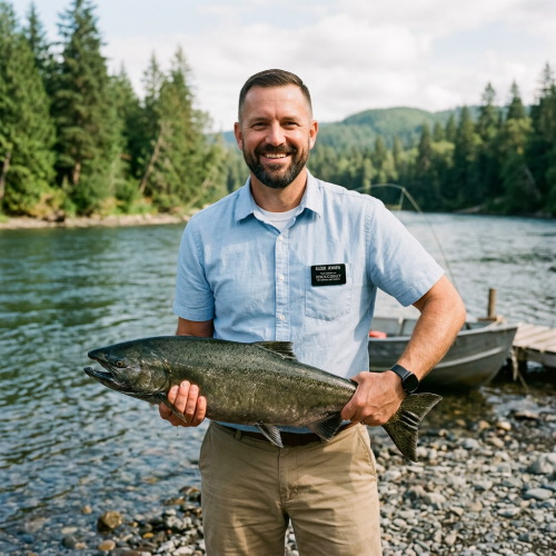 Man in light blue shirt holding a large fish by a river with trees and hills behind