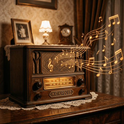Antique wooden radio labeled Kid Creole with glowing dial and musical notes graphics