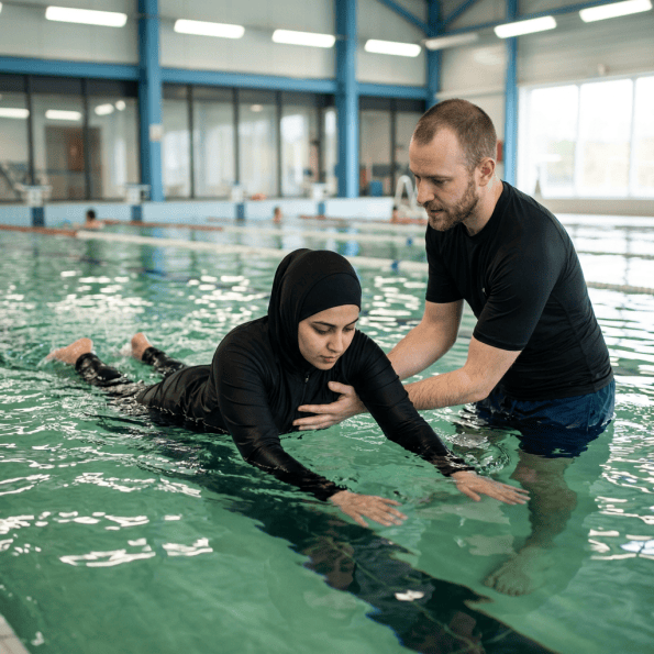 Woman in black full-body swimsuit practicing swimming in indoor pool with instructor's assistance