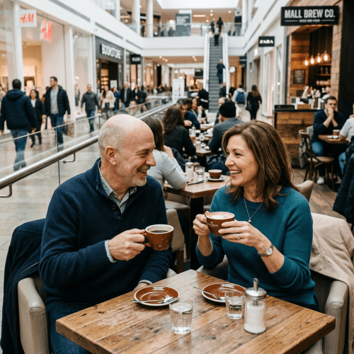 Middle-aged man and woman smiling and holding coffee cups in a busy mall cafe
