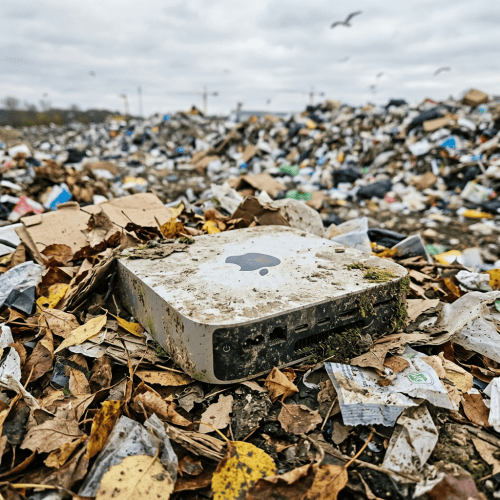 Discarded Apple computer surrounded by leaves in a landfill