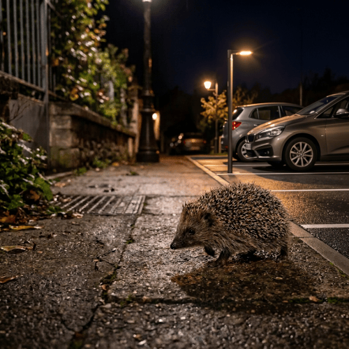 Hedgehog crossing a wet village lane under streetlights at night